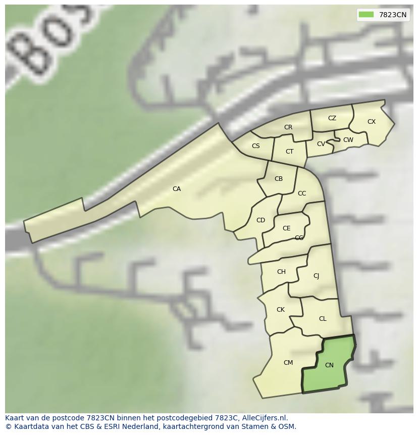 Afbeelding van het postcodegebied 7823 CN op de kaart.