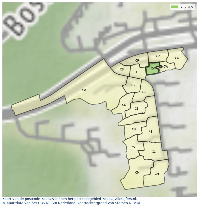 Afbeelding van het postcodegebied 7823 CV op de kaart.