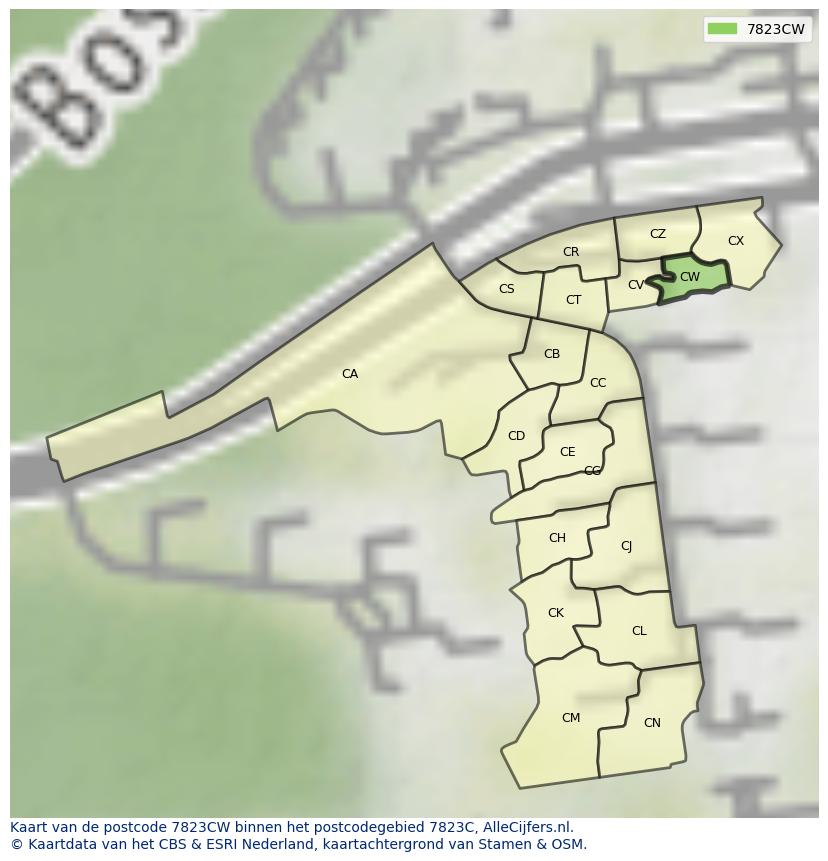 Afbeelding van het postcodegebied 7823 CW op de kaart.