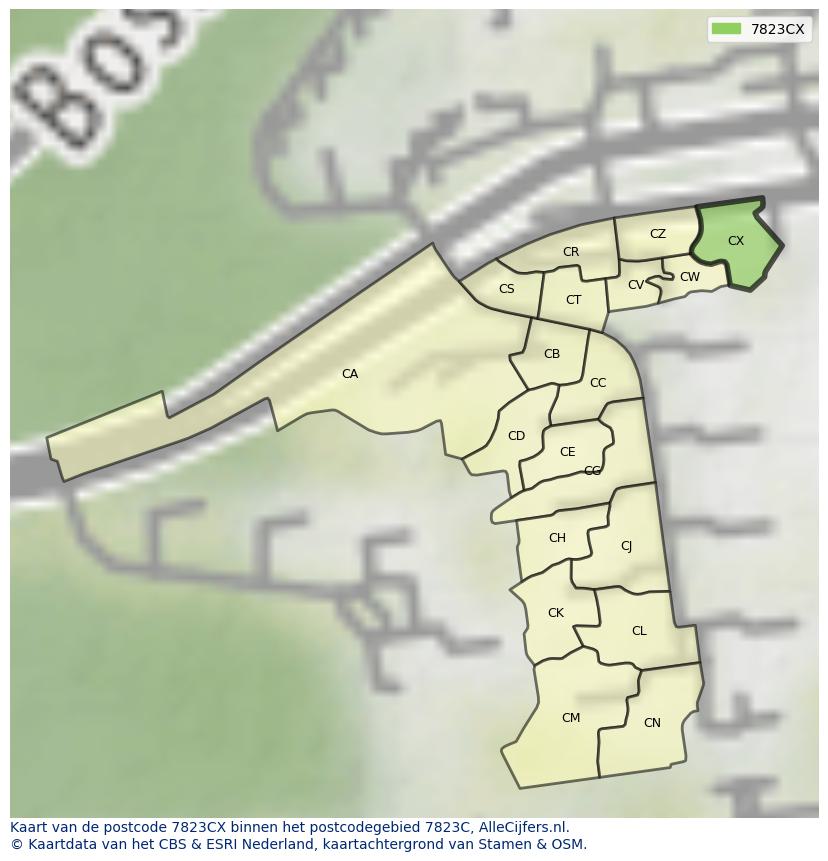 Afbeelding van het postcodegebied 7823 CX op de kaart.