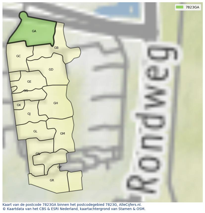 Afbeelding van het postcodegebied 7823 GA op de kaart.