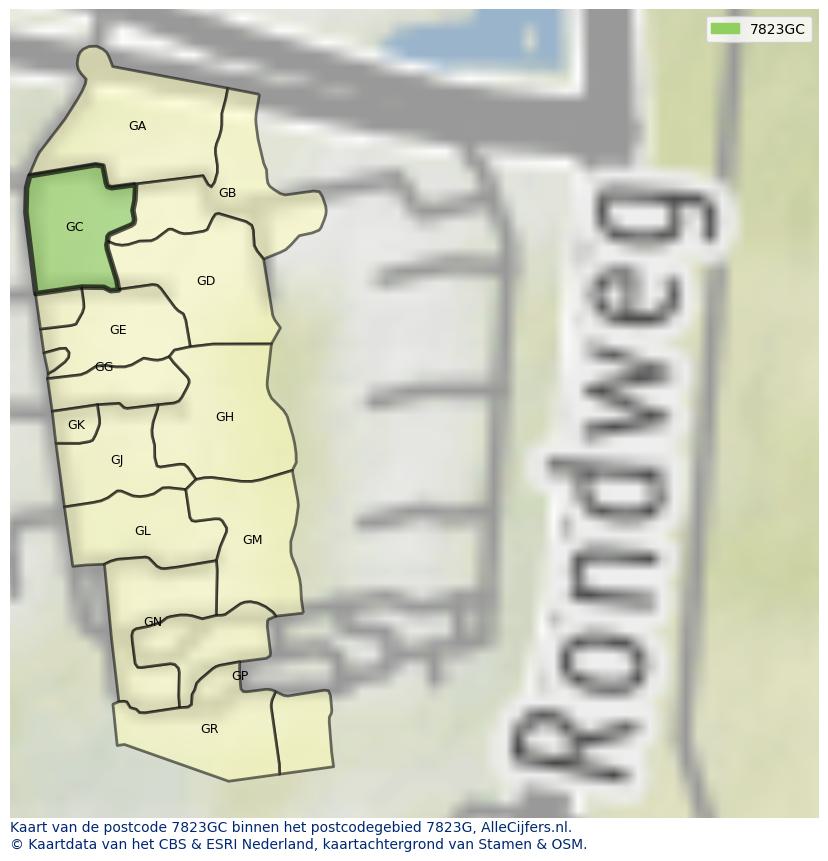 Afbeelding van het postcodegebied 7823 GC op de kaart.