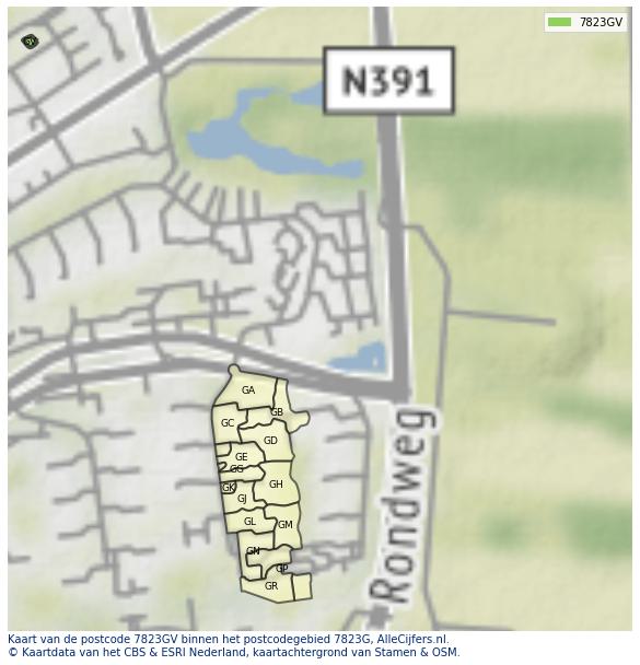 Afbeelding van het postcodegebied 7823 GV op de kaart.