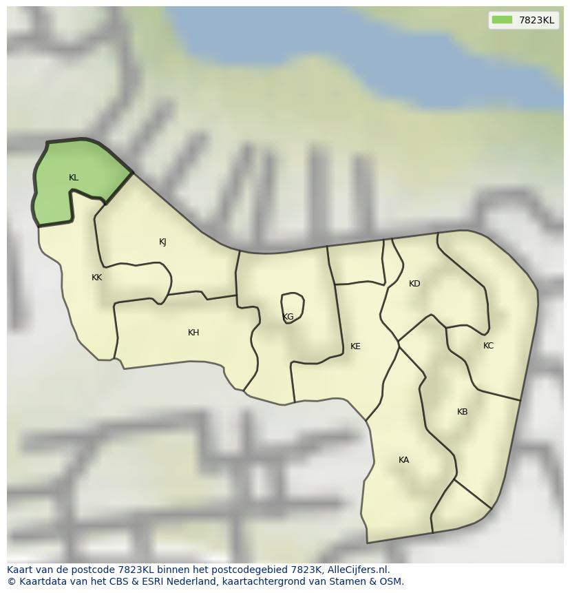 Afbeelding van het postcodegebied 7823 KL op de kaart.