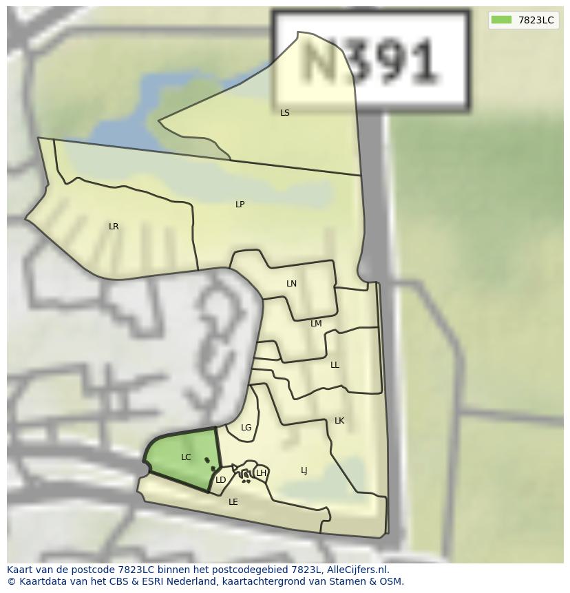 Afbeelding van het postcodegebied 7823 LC op de kaart.