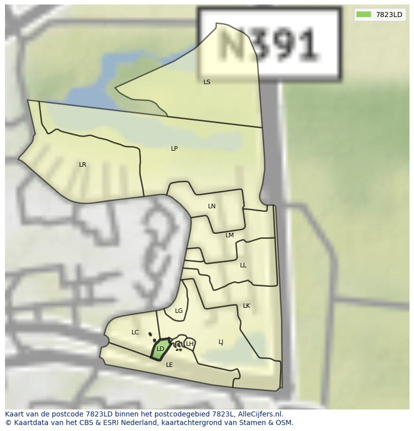 Afbeelding van het postcodegebied 7823 LD op de kaart.