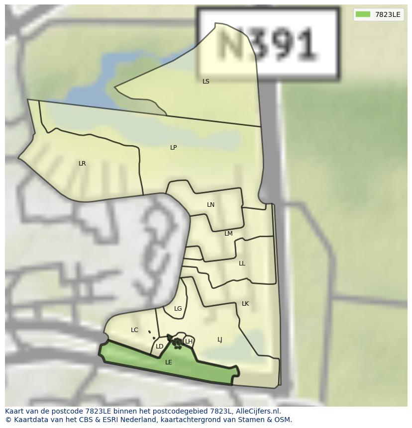 Afbeelding van het postcodegebied 7823 LE op de kaart.