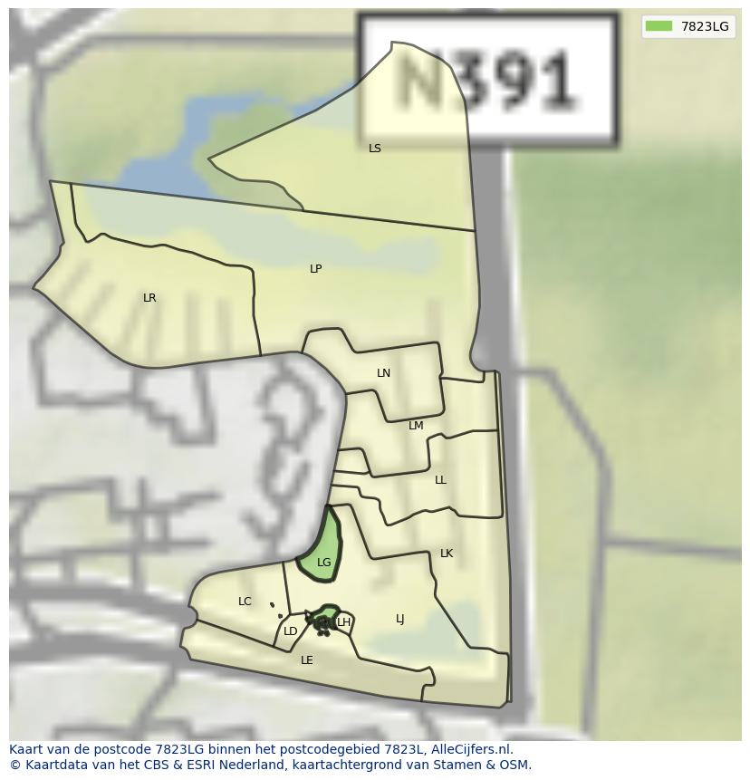 Afbeelding van het postcodegebied 7823 LG op de kaart.