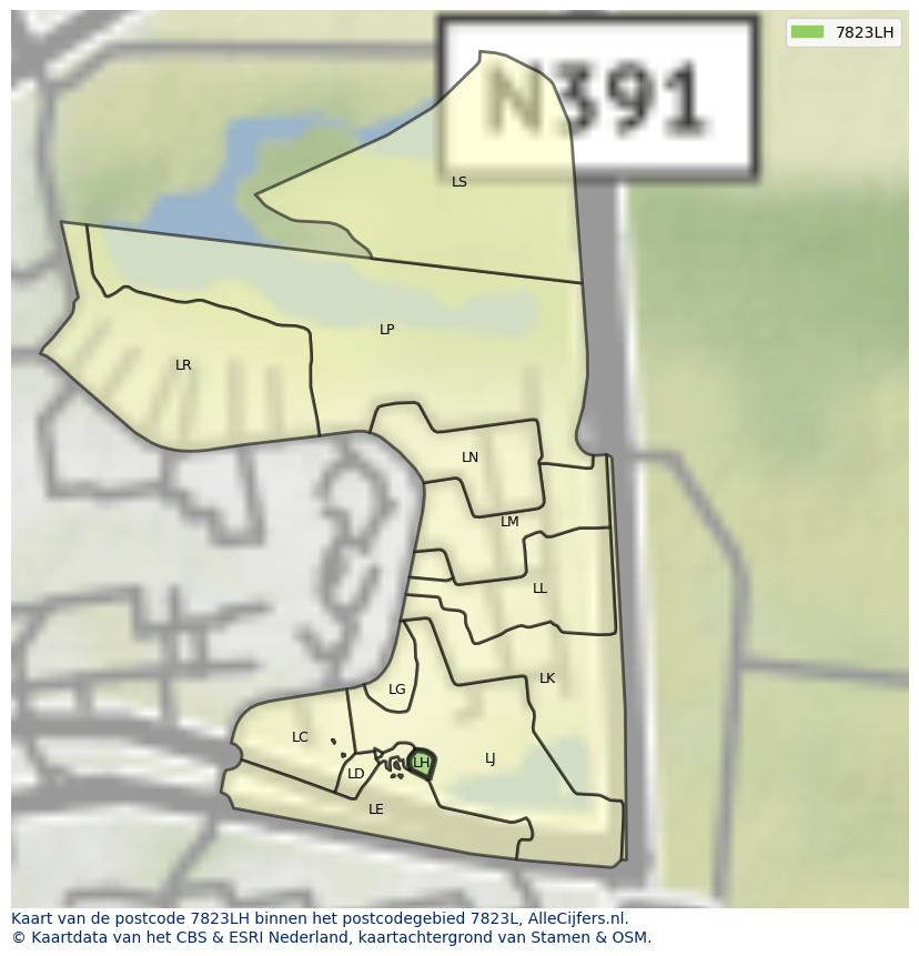 Afbeelding van het postcodegebied 7823 LH op de kaart.