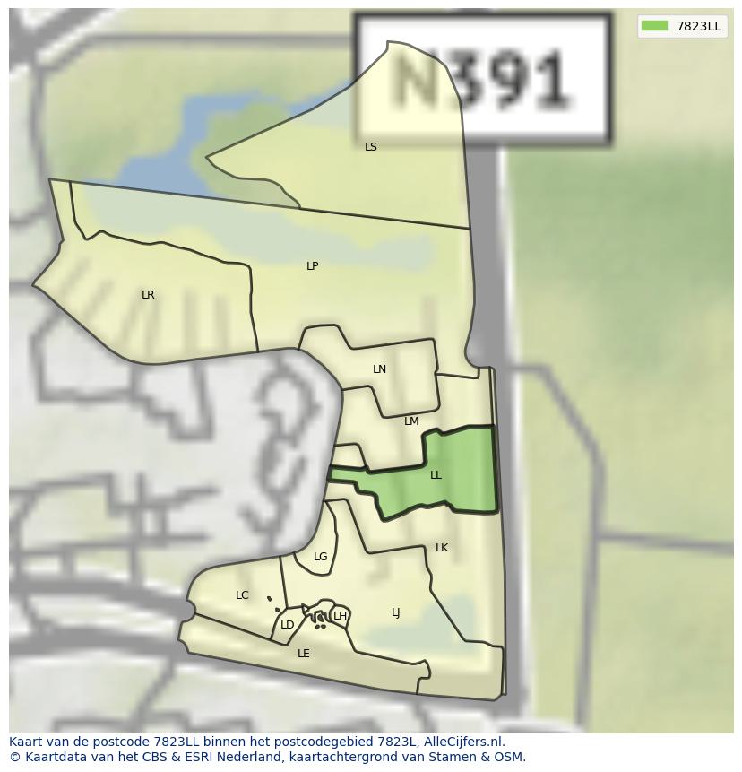 Afbeelding van het postcodegebied 7823 LL op de kaart.