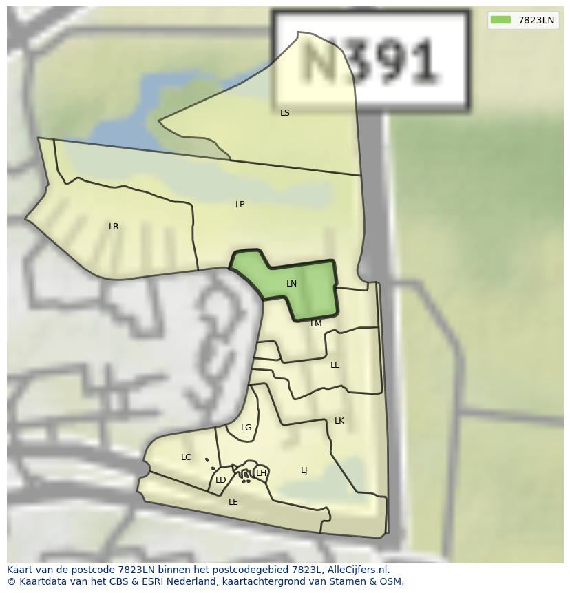 Afbeelding van het postcodegebied 7823 LN op de kaart.