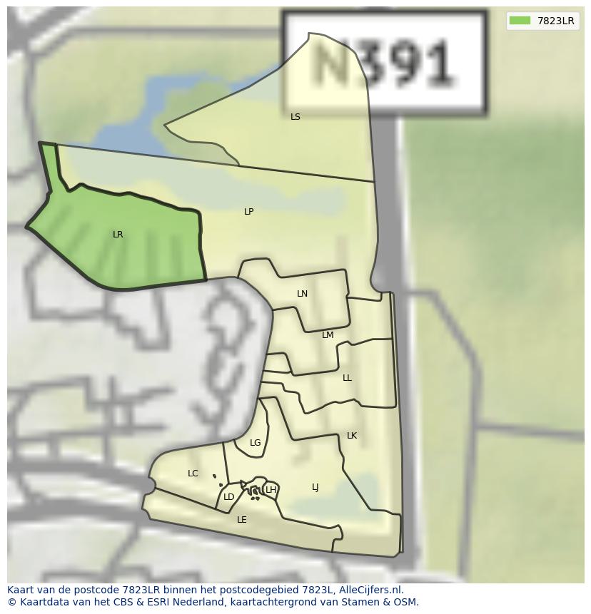 Afbeelding van het postcodegebied 7823 LR op de kaart.