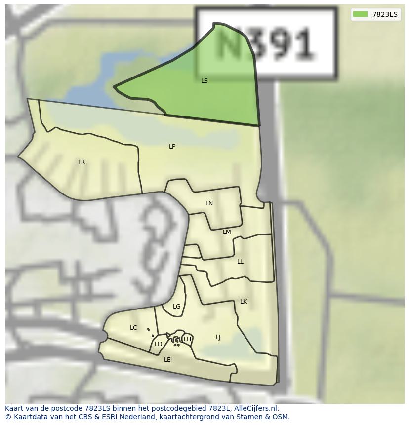 Afbeelding van het postcodegebied 7823 LS op de kaart.