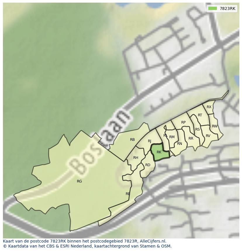 Afbeelding van het postcodegebied 7823 RK op de kaart.