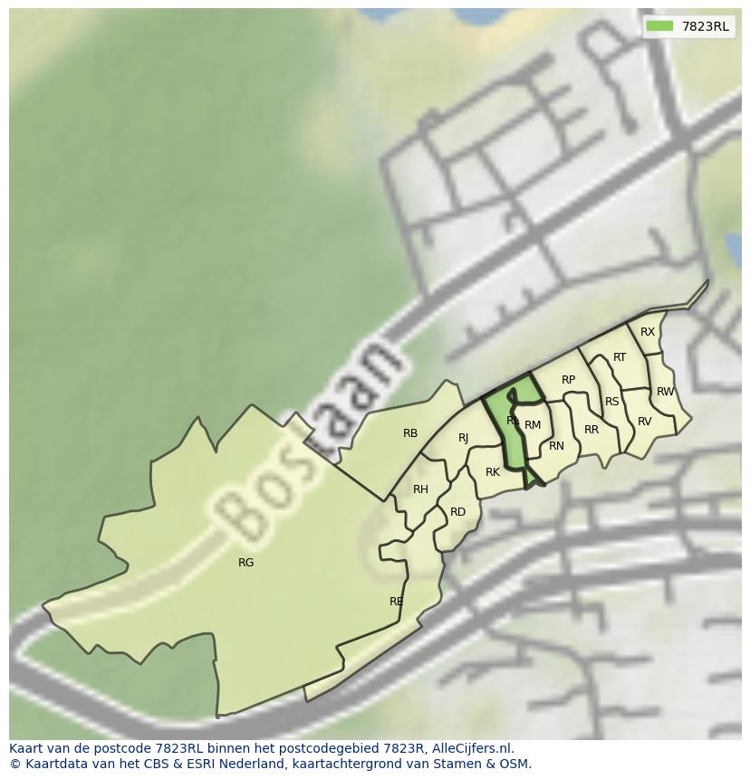 Afbeelding van het postcodegebied 7823 RL op de kaart.