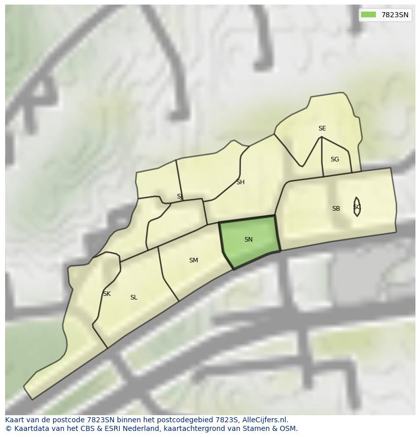 Afbeelding van het postcodegebied 7823 SN op de kaart.