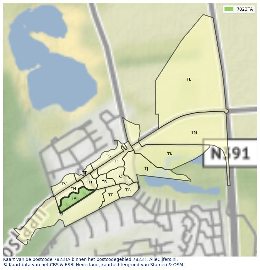 Afbeelding van het postcodegebied 7823 TA op de kaart.