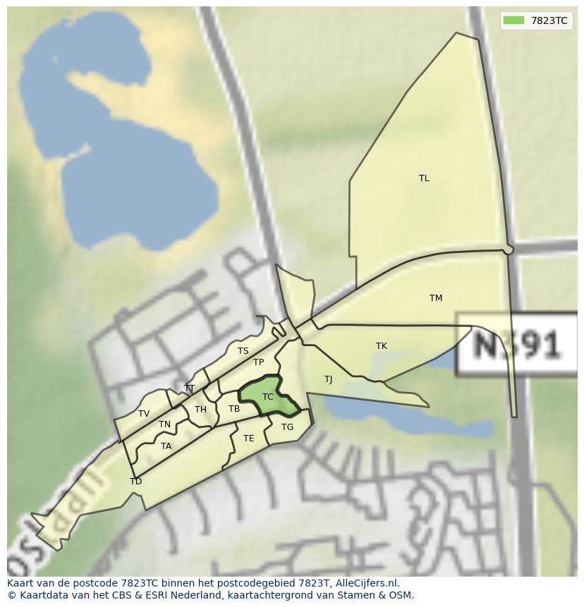Afbeelding van het postcodegebied 7823 TC op de kaart.