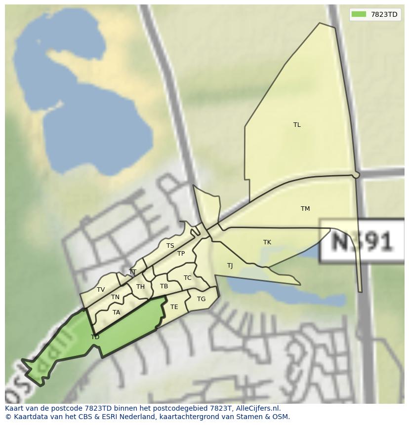 Afbeelding van het postcodegebied 7823 TD op de kaart.