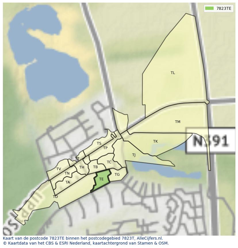 Afbeelding van het postcodegebied 7823 TE op de kaart.