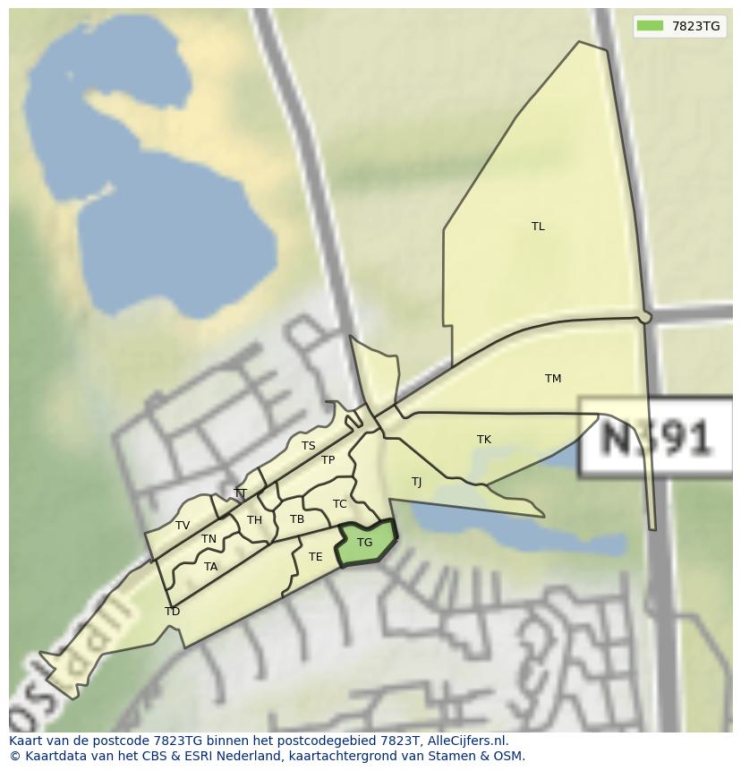 Afbeelding van het postcodegebied 7823 TG op de kaart.