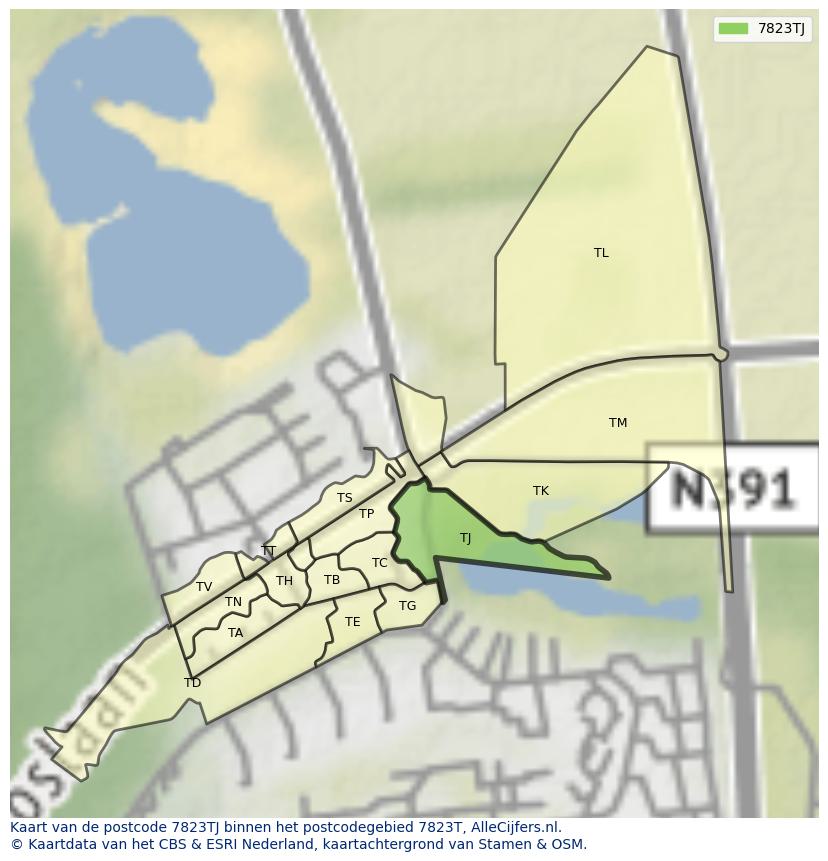 Afbeelding van het postcodegebied 7823 TJ op de kaart.
