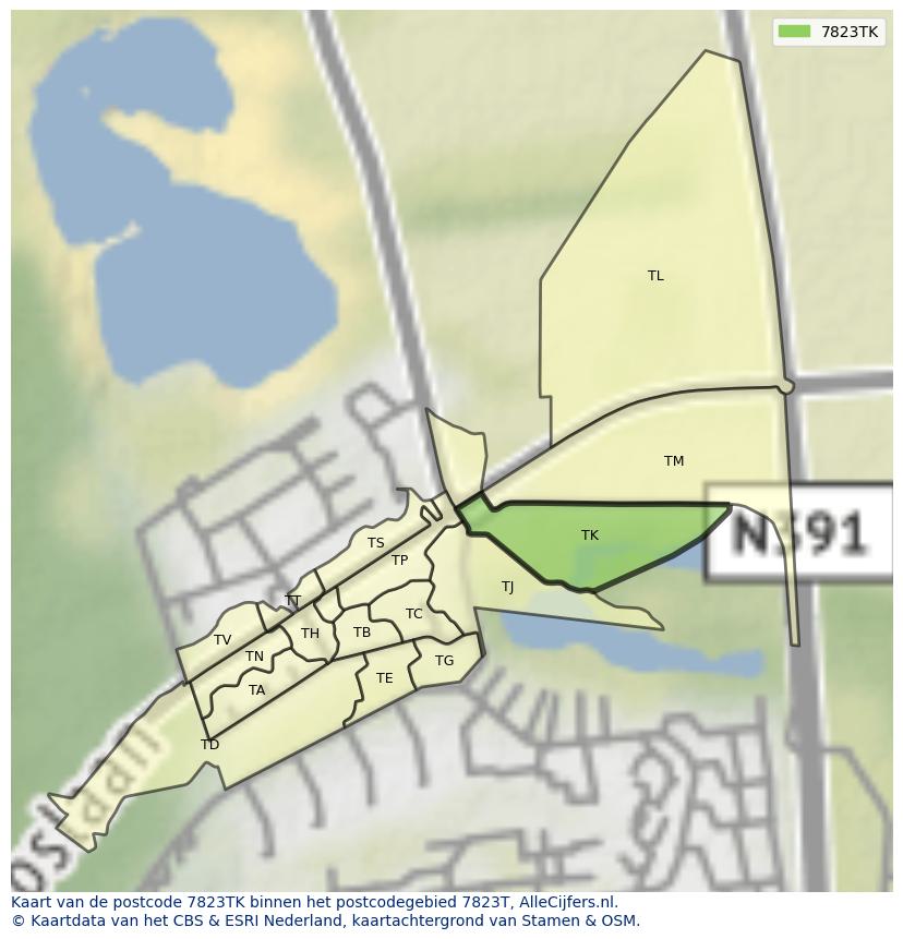 Afbeelding van het postcodegebied 7823 TK op de kaart.