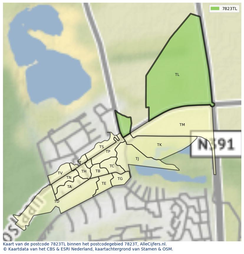 Afbeelding van het postcodegebied 7823 TL op de kaart.