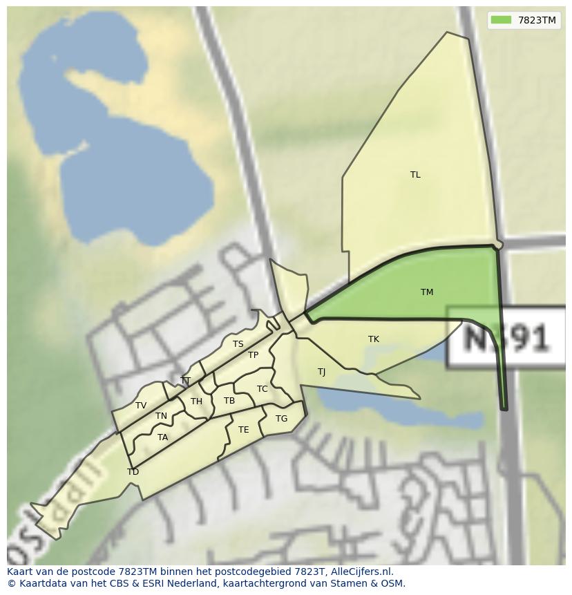 Afbeelding van het postcodegebied 7823 TM op de kaart.