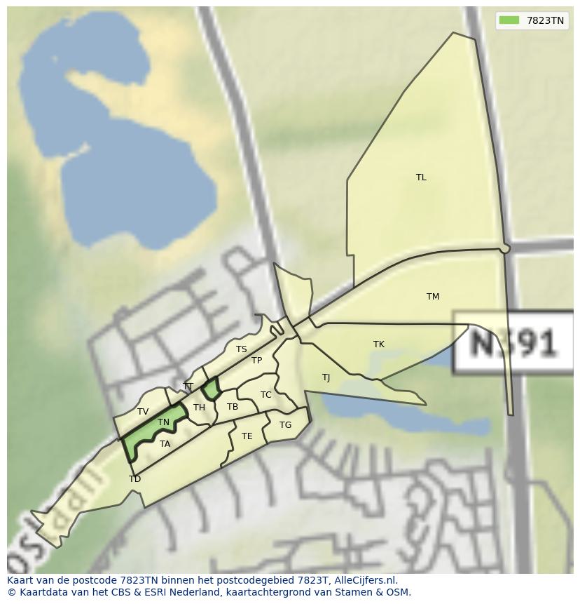 Afbeelding van het postcodegebied 7823 TN op de kaart.