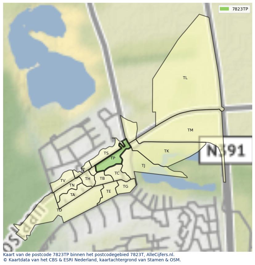 Afbeelding van het postcodegebied 7823 TP op de kaart.