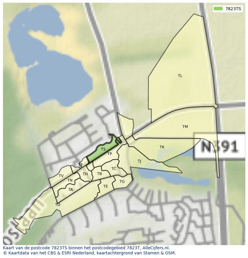 Afbeelding van het postcodegebied 7823 TS op de kaart.