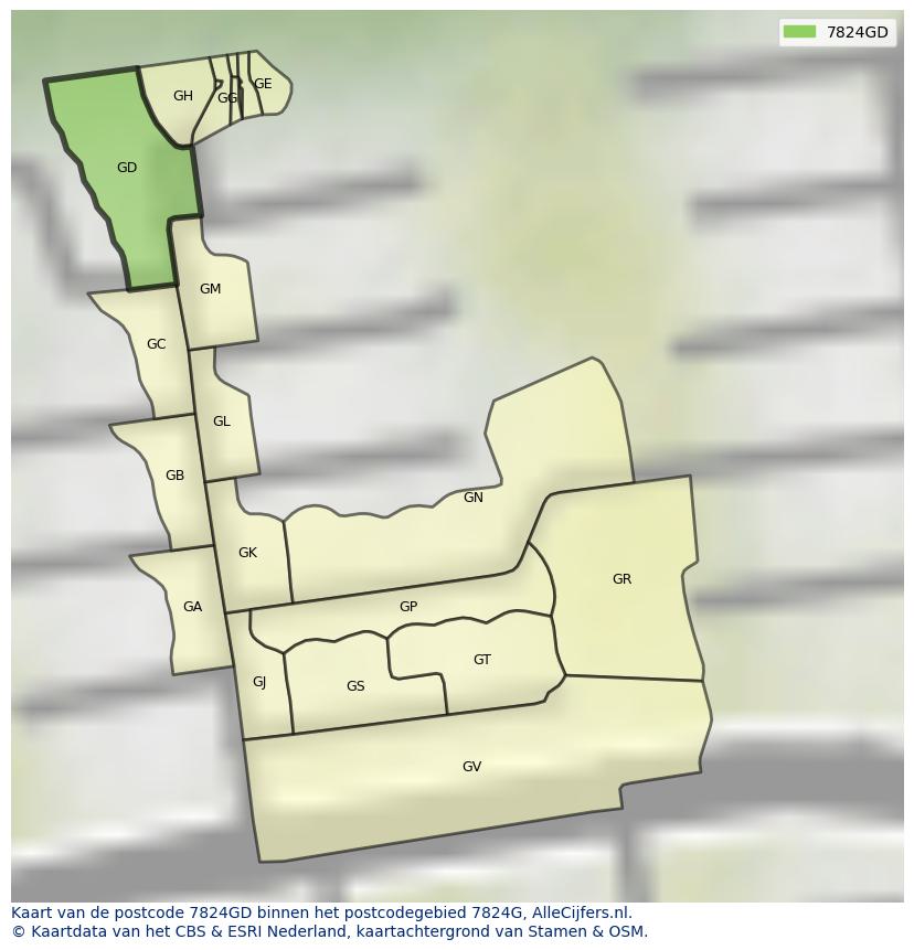 Afbeelding van het postcodegebied 7824 GD op de kaart.