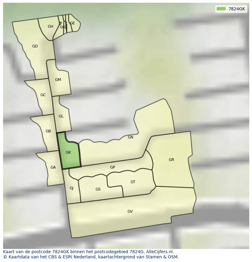 Afbeelding van het postcodegebied 7824 GK op de kaart.