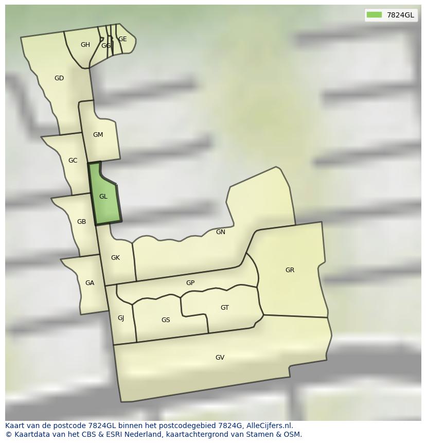Afbeelding van het postcodegebied 7824 GL op de kaart.