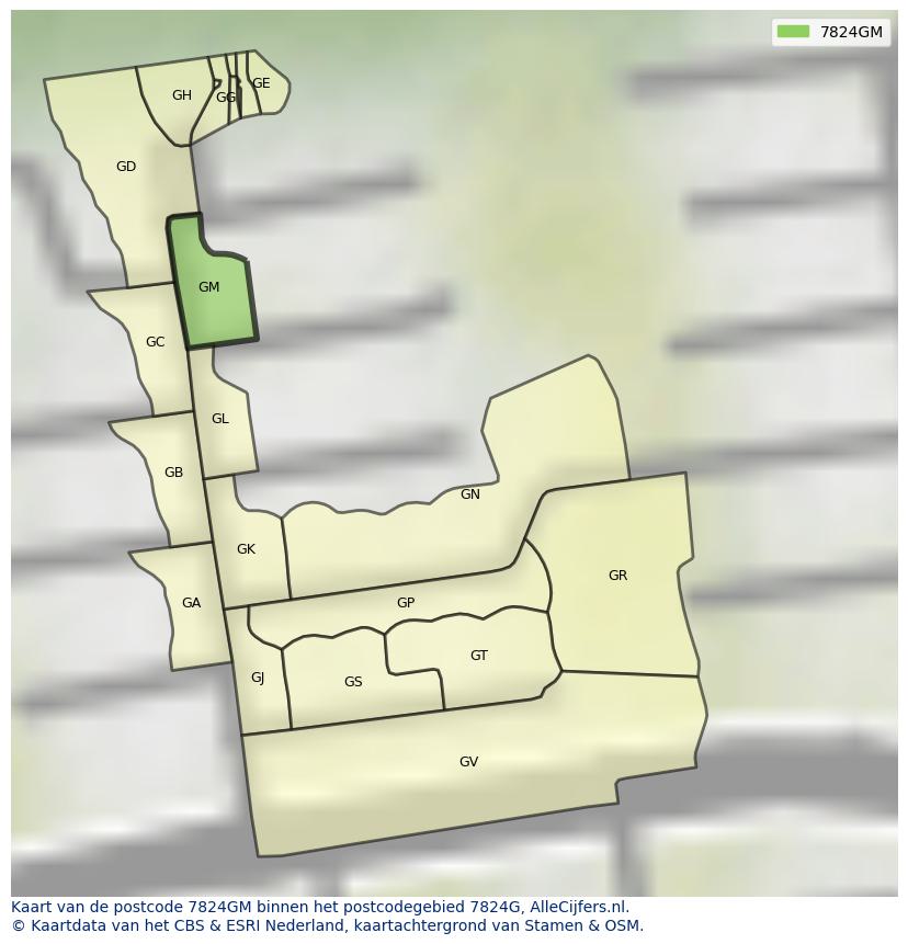 Afbeelding van het postcodegebied 7824 GM op de kaart.