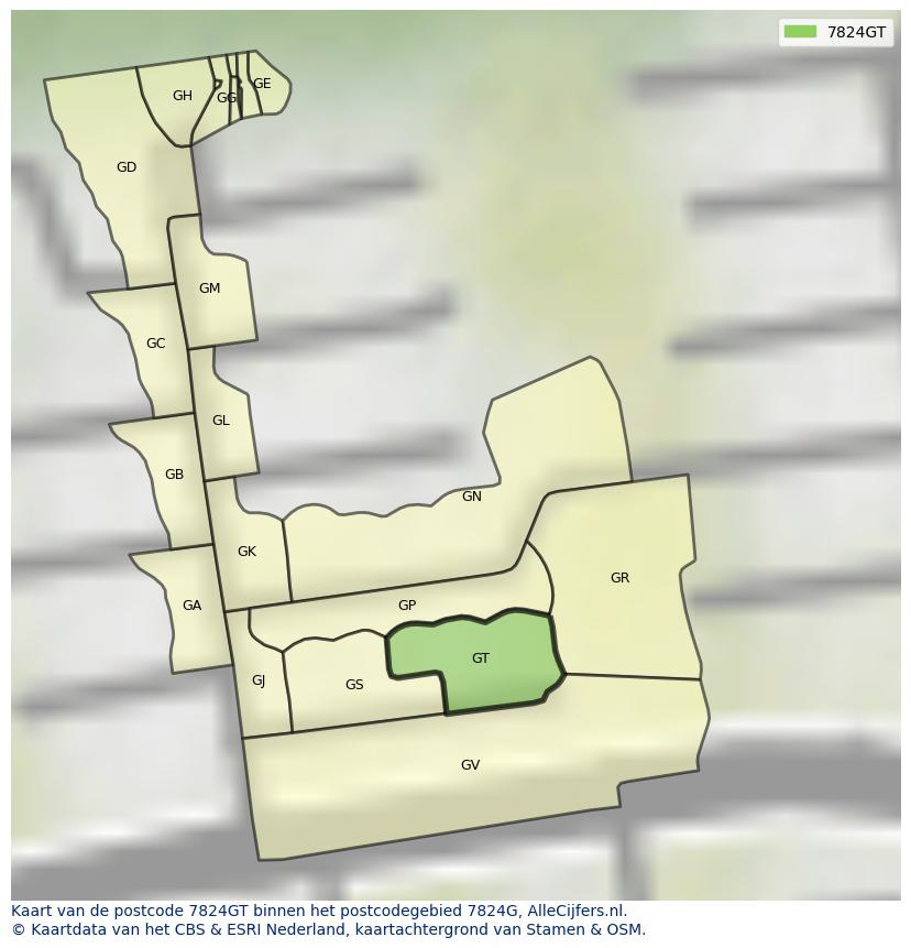 Afbeelding van het postcodegebied 7824 GT op de kaart.