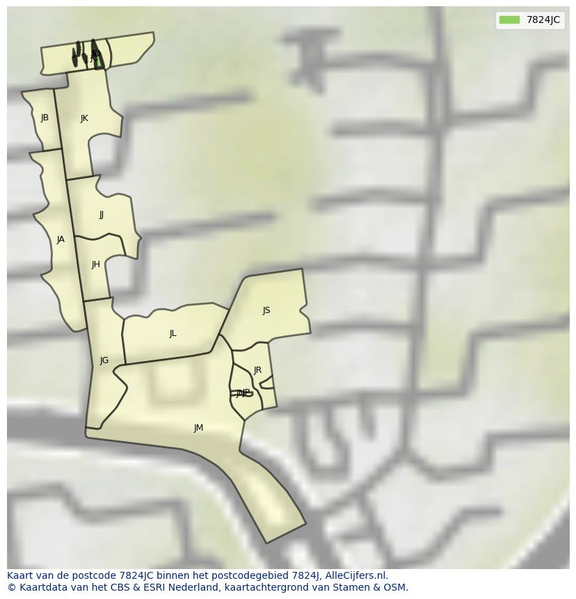 Afbeelding van het postcodegebied 7824 JC op de kaart.