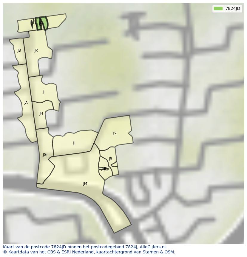 Afbeelding van het postcodegebied 7824 JD op de kaart.