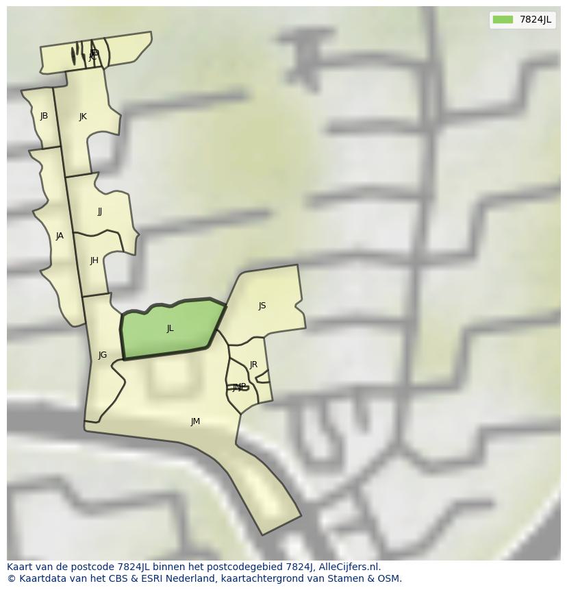 Afbeelding van het postcodegebied 7824 JL op de kaart.