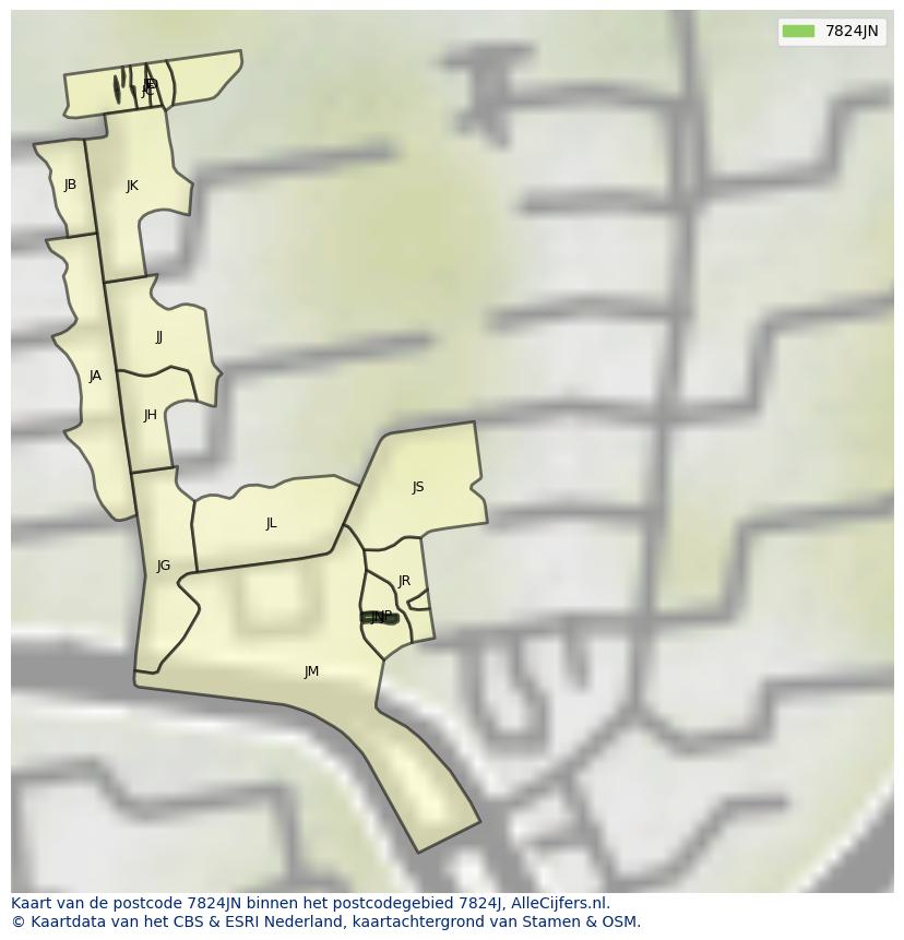 Afbeelding van het postcodegebied 7824 JN op de kaart.