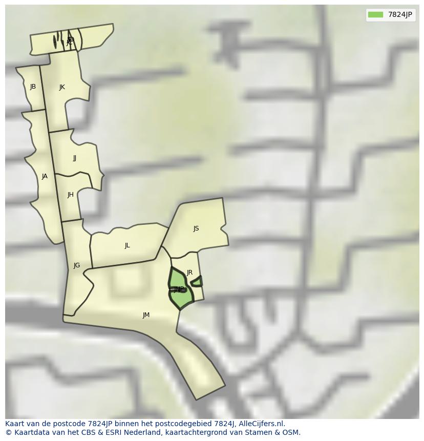 Afbeelding van het postcodegebied 7824 JP op de kaart.