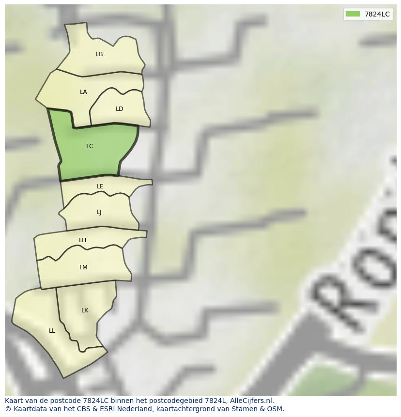 Afbeelding van het postcodegebied 7824 LC op de kaart.