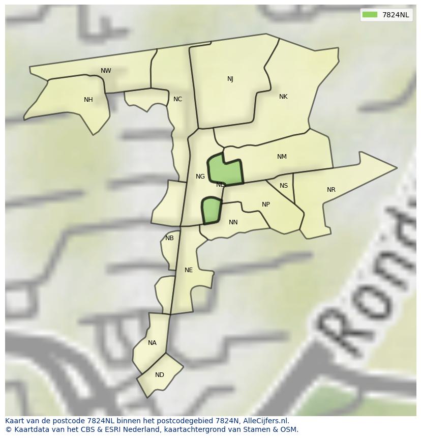 Afbeelding van het postcodegebied 7824 NL op de kaart.