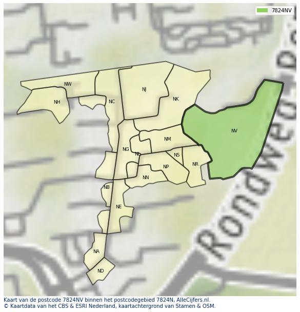 Afbeelding van het postcodegebied 7824 NV op de kaart.