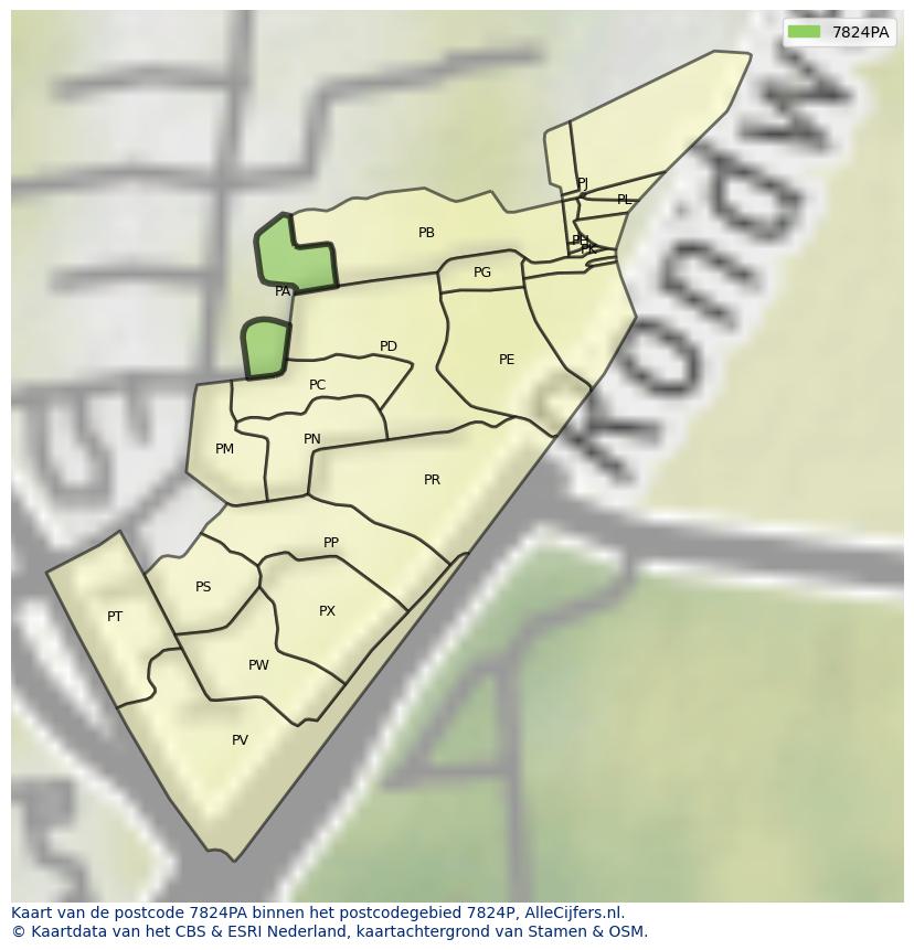 Afbeelding van het postcodegebied 7824 PA op de kaart.