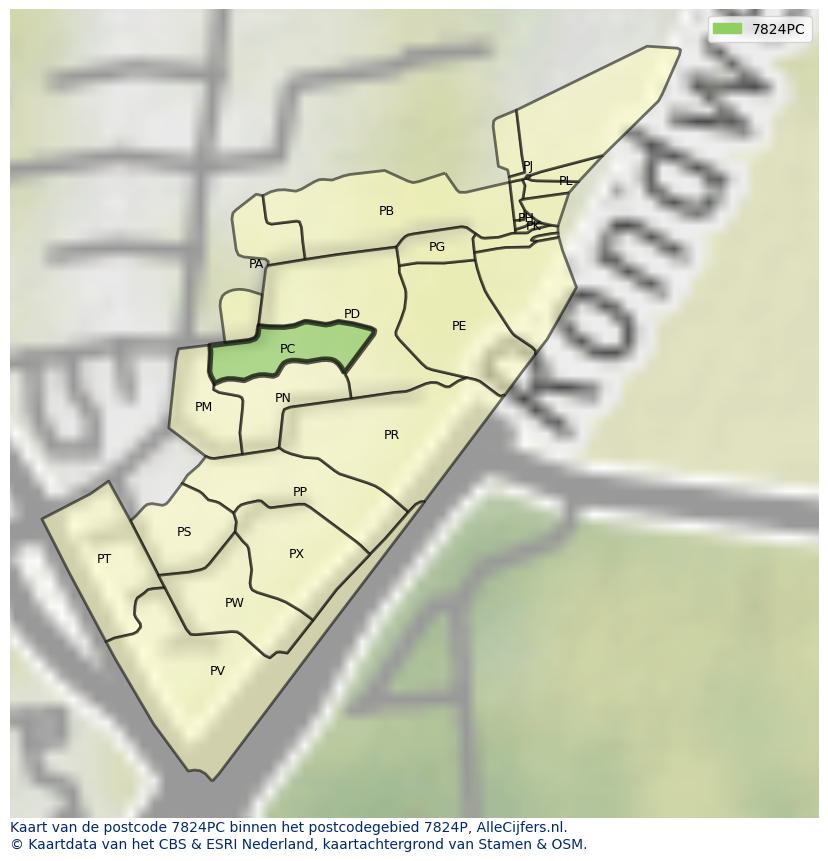 Afbeelding van het postcodegebied 7824 PC op de kaart.