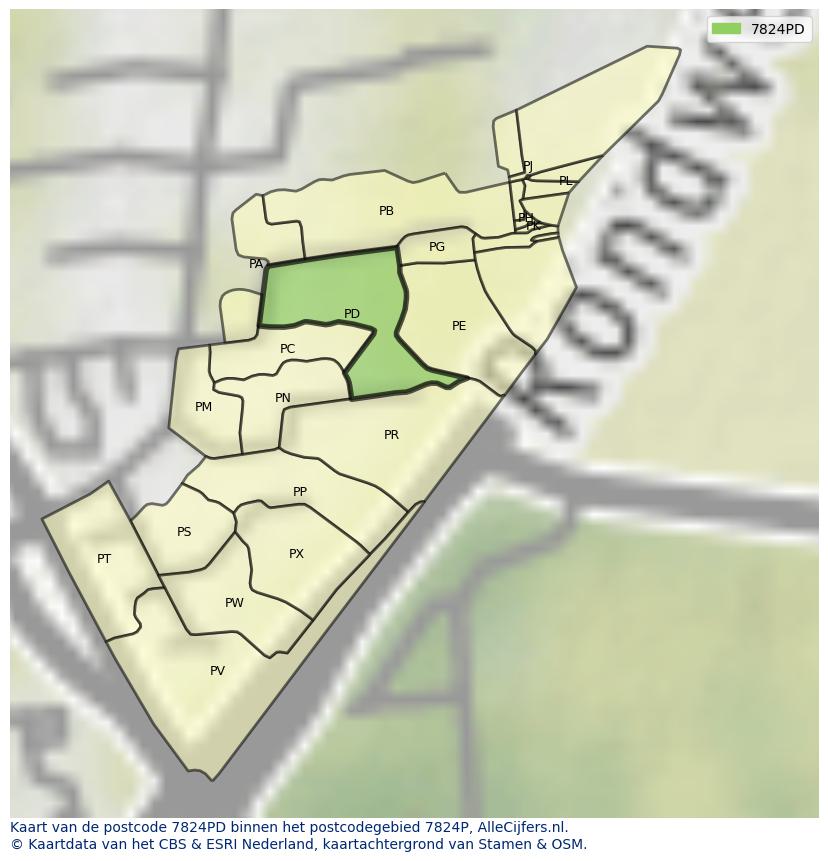 Afbeelding van het postcodegebied 7824 PD op de kaart.