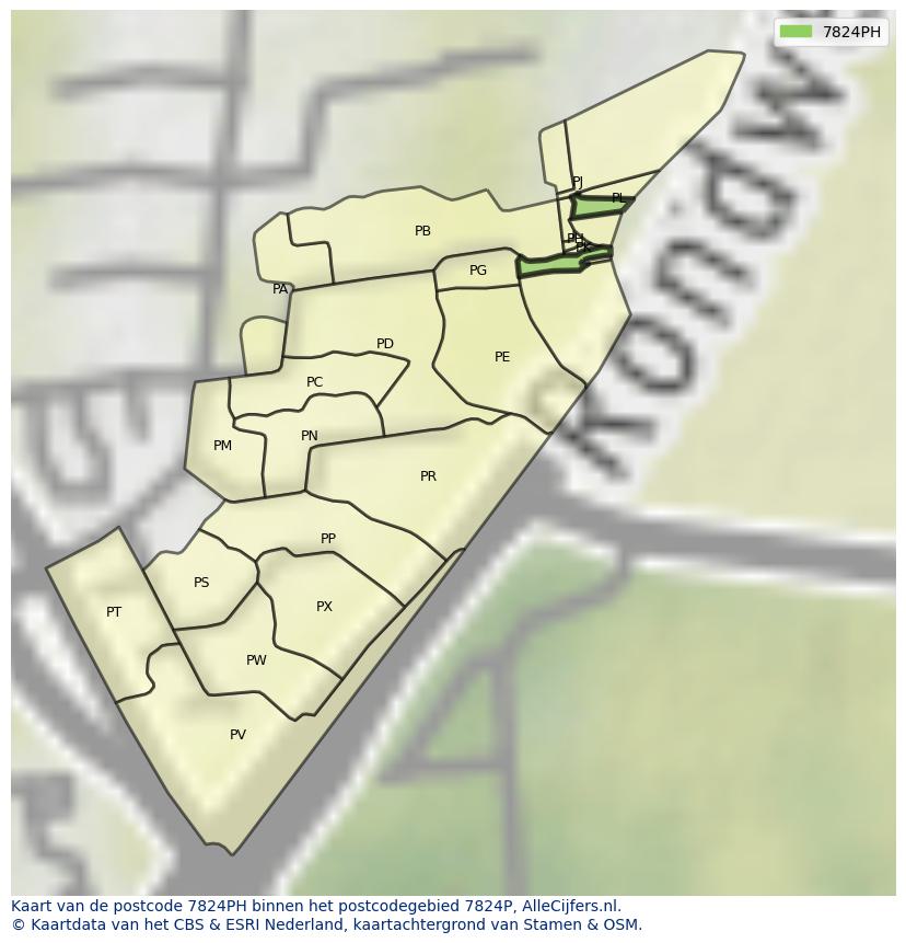 Afbeelding van het postcodegebied 7824 PH op de kaart.
