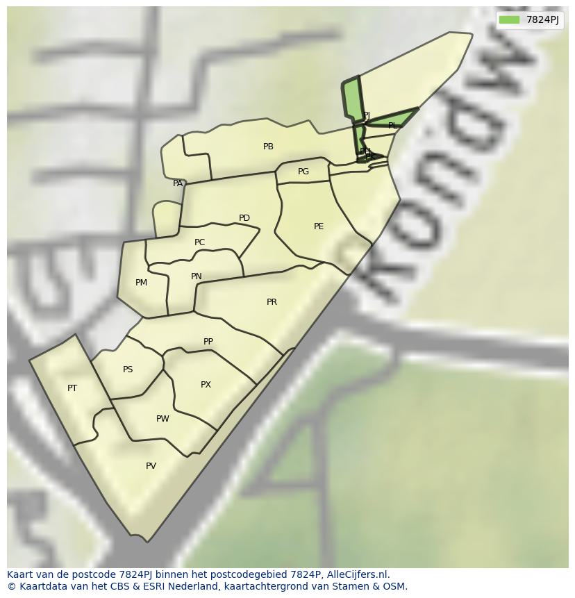 Afbeelding van het postcodegebied 7824 PJ op de kaart.